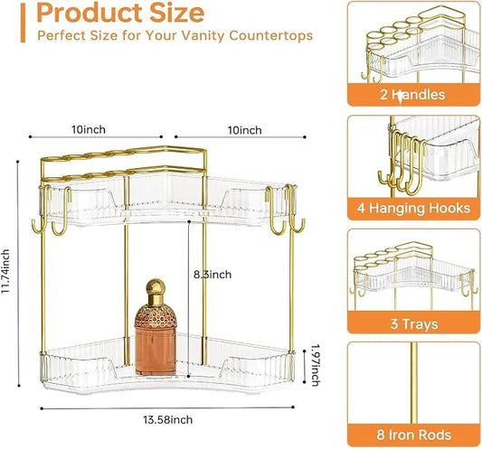 2-Tier Corner Bathroom Counter Organizer,Makeup & Skincare Shelf with Built-in Brush Holder,Space-Saving Bathroom Countertop Organizer for Skincare, Perfume, Cosmetics(Clear)