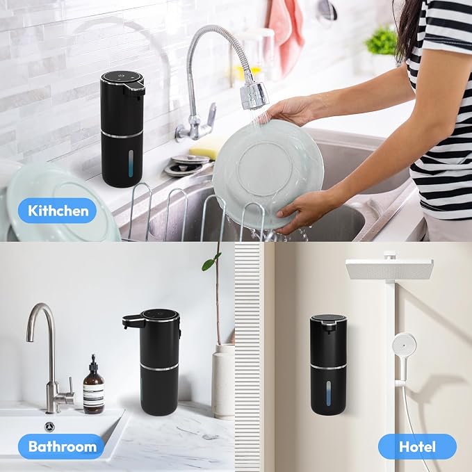 Automatic Foaming Soap Dispenser,Touchless Foam Soap Dispenser,12.8oz Rechargeable Wall Mounted Smart for Bathroom and Kitchen Dish Soap,Easy for Toddlers(Black)