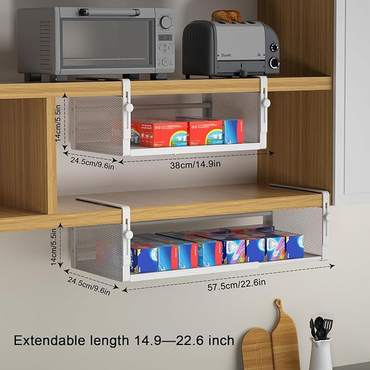 AmonHouseware 2Pack Under Shelf Basket, Adjustable Hanging Under Cabinet Shelf Storage, Hanging Holder Length Stretchable 14.9-22.6Inch for Kitchen Pantry Desk Counter Bookshelf Cupboard (White)