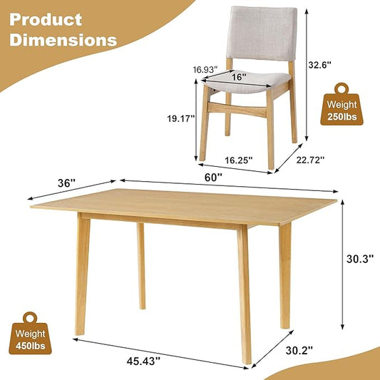 5-Piece Dining Set Modern Dinner Table Set for 4, Wood Dining Table with 4 Upholstered Chairs, 60" Rectangular Table with Stackable Chairs Padded Seat Backrest for Dining Room Kitchen Apartment