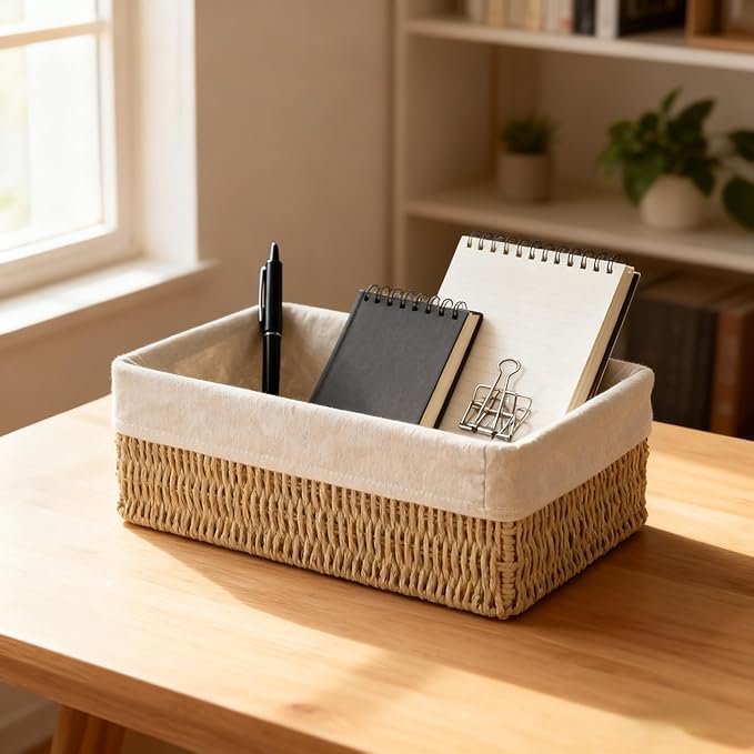 Woven Storage Baskets Set of 3 – Handmade Paper Rope Rectangular Organizer for Closet, Bathroom, Shelf & Living Room, Decorative Khaki Storage Bins for Home