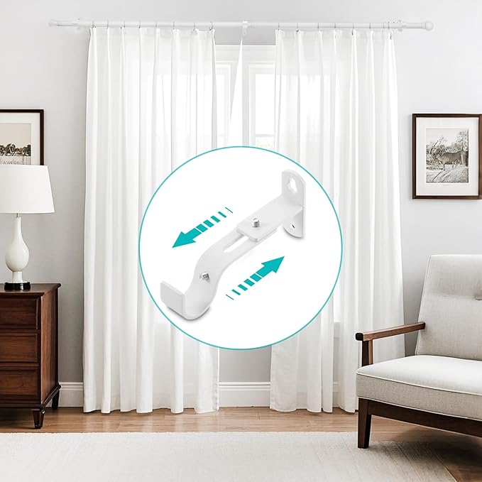 Adjustable Curtain Rod Brackets, Metal Window Drapery Rod Hanger Holders Hooks for 1 inch Rods (White, Set of 2)