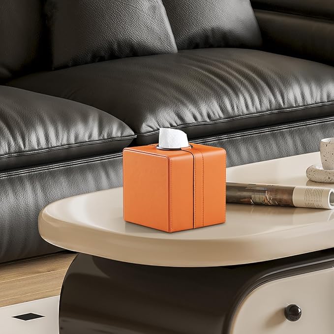 MEIBOOCH Square Tissue Box Cover, Luxury PU Leather Tissue Holder with Magnetic Closure (Orange)