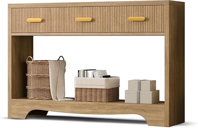 Fluted Console Table with Drawers, 47" Narrow Entryway Table with 3 Drawers and Open Storage Shelf, Long Sofa Tables Modern Behind Couch Tables for Living Room, Foyer and Hallway