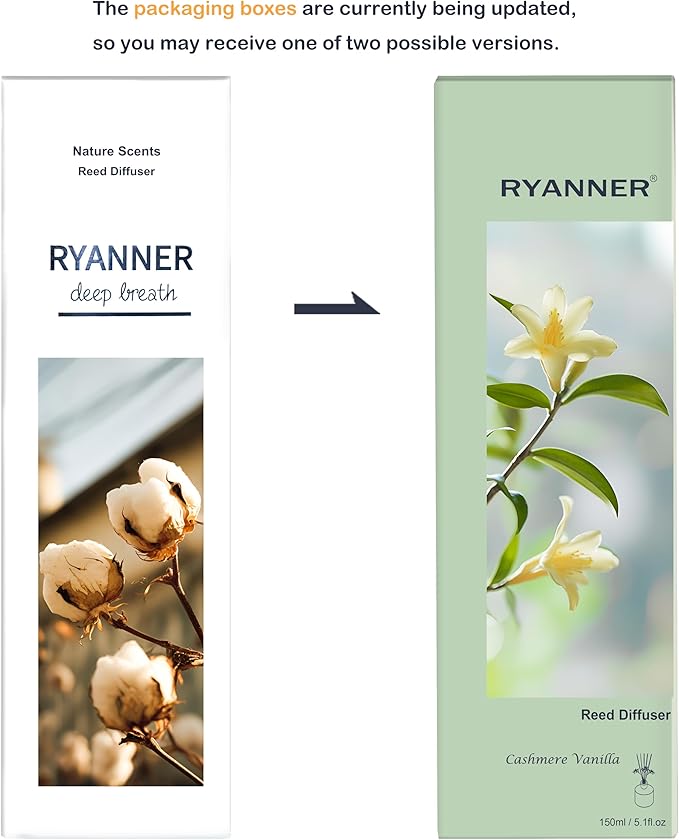 RYANNER Reed Diffuser Set,5.1 fl oz Cashmere Vanilla Scent Diffuser with Sticks Home Fragrance Reed Diffuser with Essential Oil for Bathroom Shelf Decor&Air Freshener,Home Bathroom Office Decor&Gifts