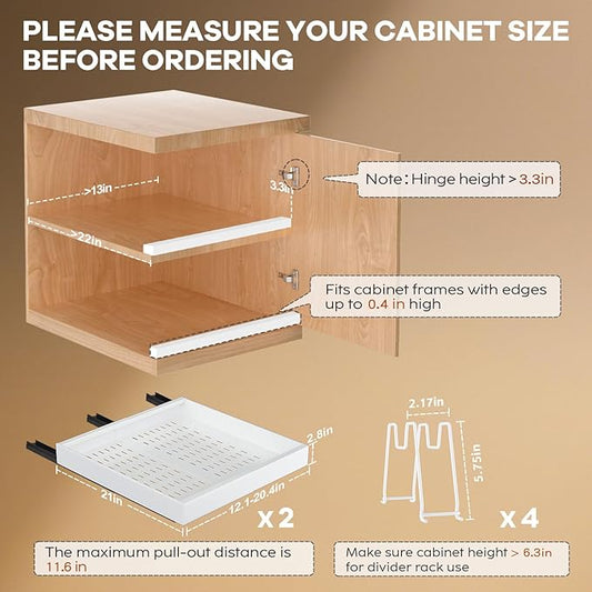 Seinloes 2Pack Pull out Cabinet Organizer 21"Deep with 4 Adjustable Dividers,Expandable(12.1"-20.4"W) Pots and Pans Organizer Under Cabinet with Raising Pad for Framed Cabinets,Slide out Drawers,White