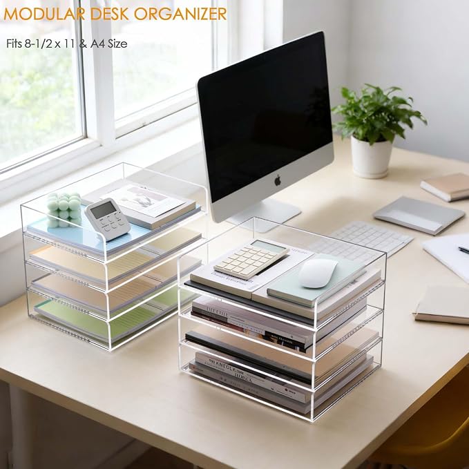 SANRUI Stackable 4-Tier Acrylic Desk Organizer, Clear Paper Letter Tray, Space-Saving Document File Holder for Home Office Workspace