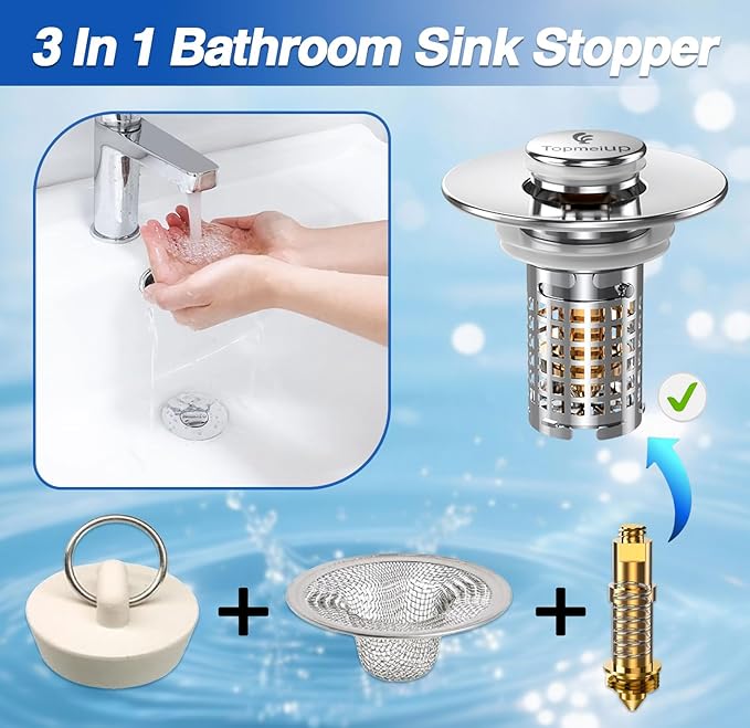 Sink Stopper Hair Catcher, Pop-up Sink Drain Strainer with Removable Stainless Steel Strainer Basket Hair Catcher, Bathroom Sink Strainer for Bathroom Sink Stopper (2PCS)