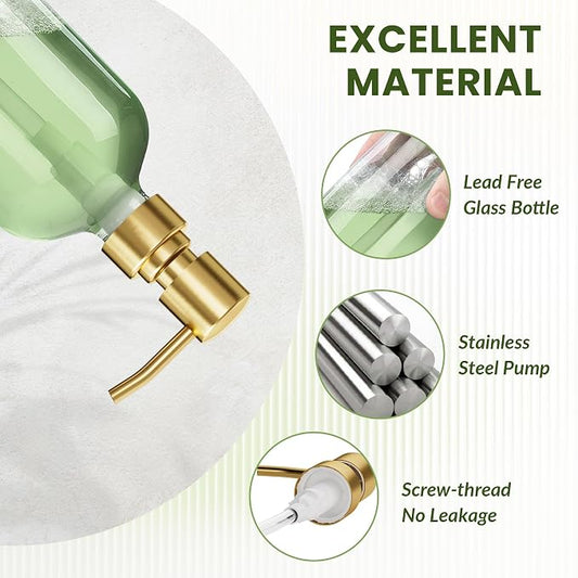 AmazerBath Soap Dispenser, 2 Pack Glass Soap Dispenser with Pump Stainless Steel, 17 Oz Clear Gold Hand Soap Dispensers for Bathroom and Kitchen
