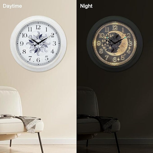 OCEST Metal Large Night Light Outdoor Clock Waterproof, 15 Inch Silent Indoor Wall Clocks Illuminated Battery Operated Decor for Garden Pool Patio Living Room Decorative