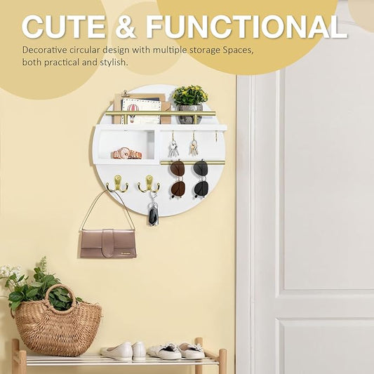 kuaima Key Holder Wall Mount, Round Wooden Key Rack with Shelf, Sunglasses Hanger, Storage Box, Multi Hooks, 12 Inch, White and Gold