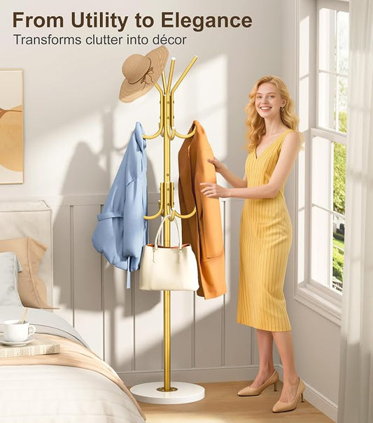 MISSLO Heavy Duty Coat Rack Freestanding with Stable Wood Base Modern Gold Coat Tree with 12 Hooks Adjustable Coats Hanger Stand Stylish Standing Clothes Tree for Entryway Bedroom Corner Hall