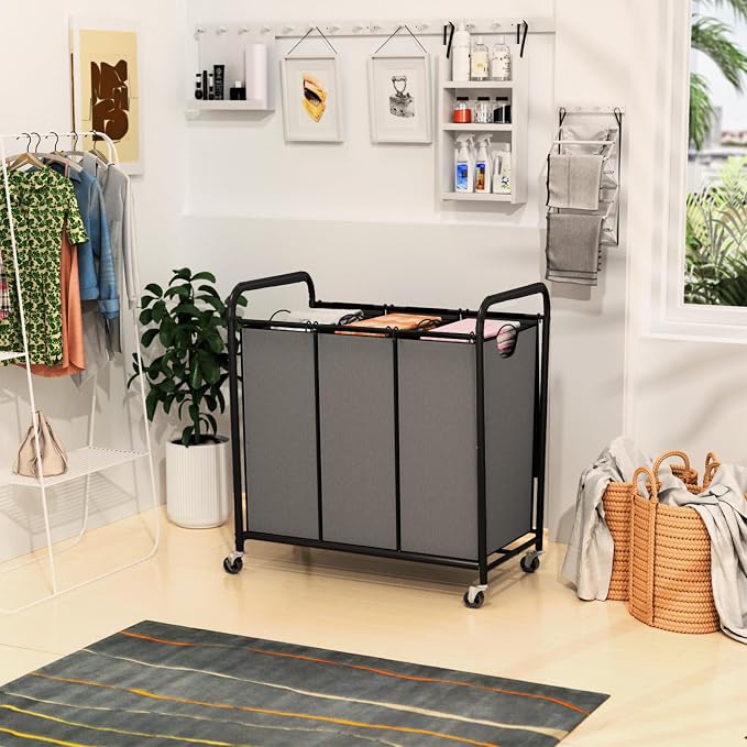 180L (47.55 Gal) Laundry Sorter 3 Section, Rolling Laundry Basket with Lockable Wheels and Lid, Laundry Hamper with 3 Separated Removable Bags Dirty Clothes Hamper for Laundry Room Organizer, Grey