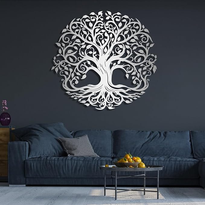Yemwot Metal Tree of Life Wall Decor, Circle of Life Metal Trees Wall Art, Branch Art, Spiritual Decor, Modern Sculpture Decoration, Living Room Bedroom Decoration (White-Tree 2, 39"x 36"| 100x91cm)