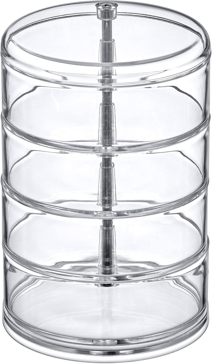Amazing Abby - Inspire - 4-Tier Acrylic Hair Accessories Organizer with Lid, Plastic Jewelry Holder, Rotating Makeup Accessories Container, Beauty Supply Storage, Clear, Round (4.5" Dia.)