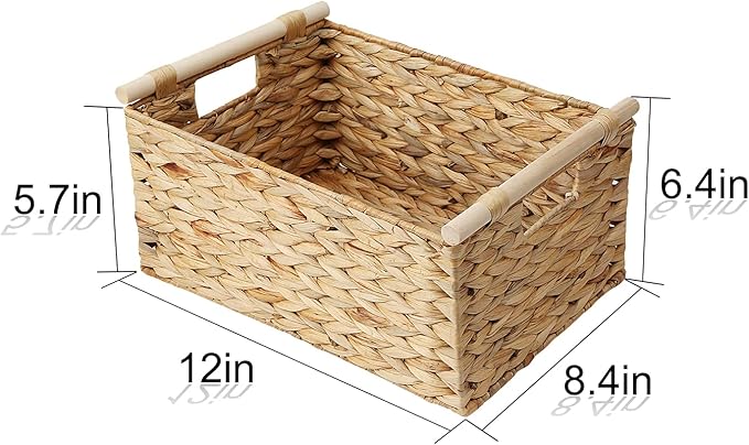 BSTNASI Natural Water Hyacinth Storage Baskets for Organizing Small Wicker Baskets With Handles, Woven rectangle Baskets for Storage Baskets for Shelves, Large Rectangular Towel Basket