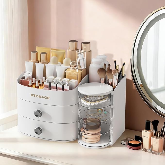 XIAPIA Makeup Organizer Countertop, Make Up Organizer for Vanity, Skincare & Cosmetic Organizers with Drawers, Bathroom Organizers Storage for Brush Holder|Lipstick|Jewelry, Ideal Gift for Women WHITE