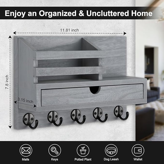 Key Holder Wall Mount, Mail Holder with Storage Drawer and 5 Key Hooks for Coat, Dog Leash, Home Decor Rack, House Accessories, Entry Way Organizer (Gray)