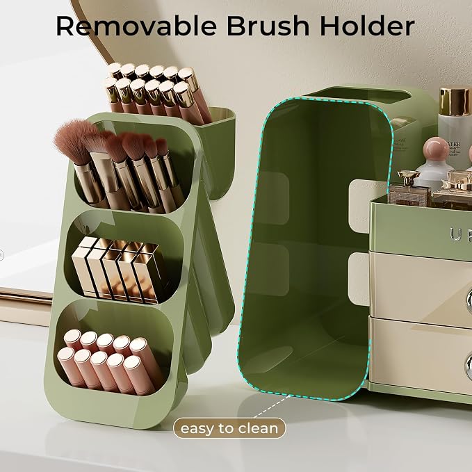 UFORU Makeup Organizer for Vanity with Brush Holder, Large Capacity Bathroom Countertop Skincare Organizer with 2 Drawers, Cosmetic Display Case for Perfumes, Eyeshadow Palettes, Nail Polishes