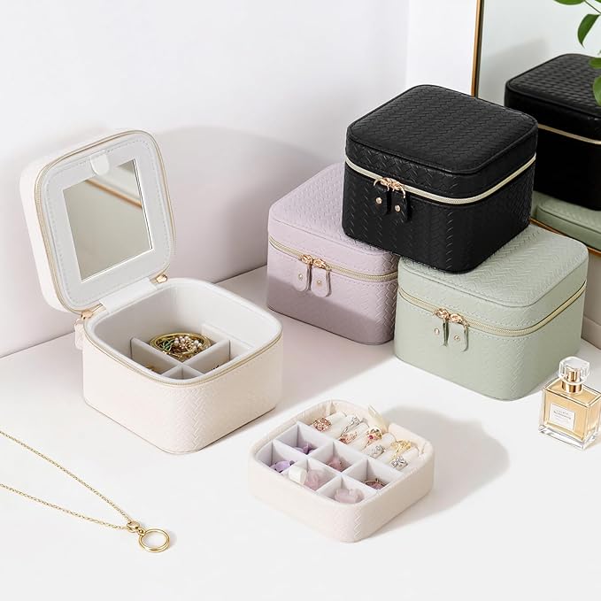 DesignSter Travel Jewelry Case for Woman, Small Travel Jewelry Box with Mirror,4.72×4.72×3.54 inches,Portable Design Travel Jewelry Organizer,Double Headed Zipper