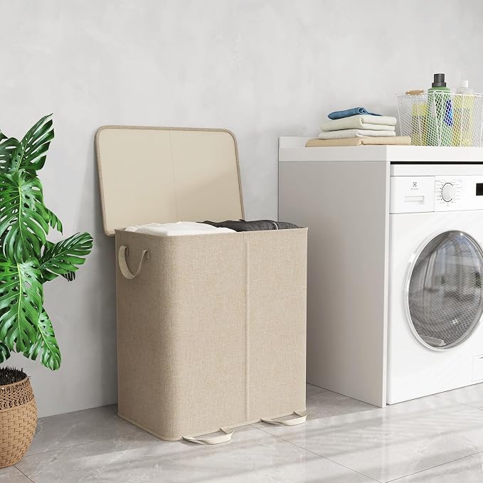 Lifewit Double Laundry Hamper with Lid and Removable Laundry Bags, Large Collapsible 2 Dividers Dirty Clothes Basket with Handles for Bedroom Laundry Room Closet Bathroom College, 155L Beige