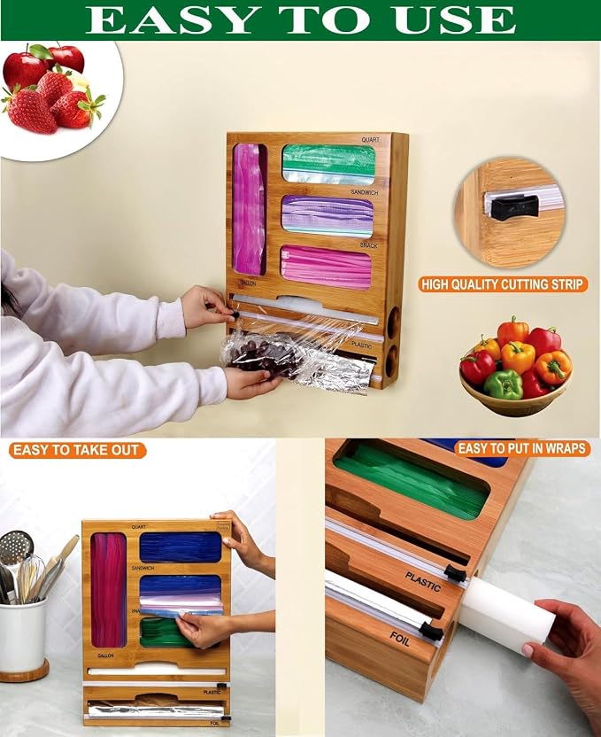 Bag Storage Organizer for Kitchen Drawer and Plastic Wrap Dispenser with Cutter, 6 In 1 Large Capacity Bamboo Foil and Plastic Bag Food Baggie Organizer for Snack, Sandwich, Gallon, Quart