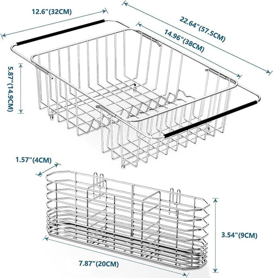 Large Dish Drying Rack in Sink Expandable, Adjustable304 Stainless Steel Metal Dish DrainerRack Organizer with Stainless Steel Utensil Holder Over Inside Sink Counter, Rustproof