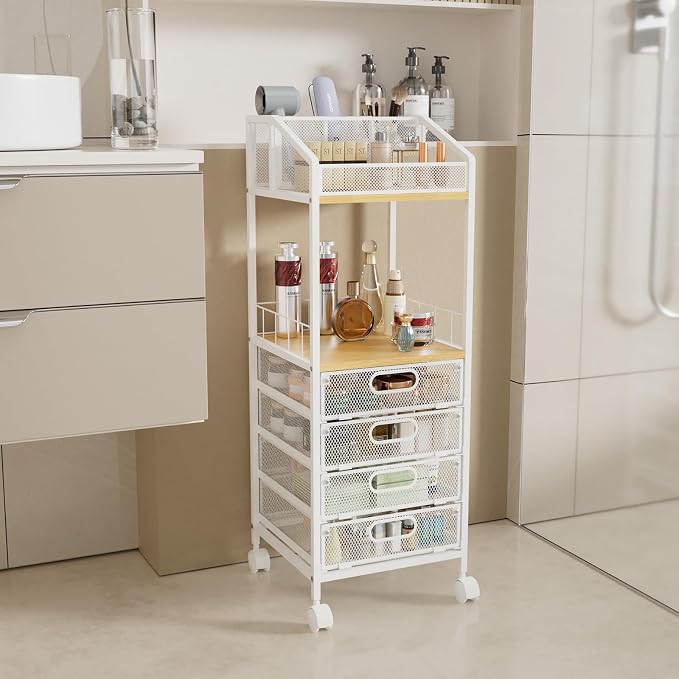 HapiRm Rolling Cart Makeup Organizer - Metal Makeup Cart with Wheels and Drawers for Small Spaces & Messy Vanities, Space-Saving Beauty Cosmetics Cart Storage Cabinet Stand for Perfume Hair Tools
