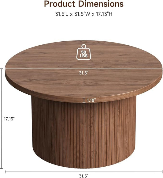 31.5" Round Coffee Table, Mid Century Modern Fluted Tambour Coffee Table, Engineered Wood Small Circle Center Table, Drum Accent Modern Living Room Table, Walnut