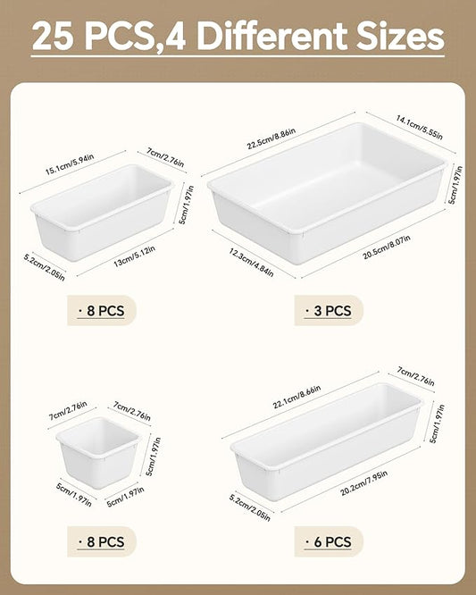 KEMETHY 25 PCS Plastic Drawer Organizers Set, 4 Sizes Vanity Organizer, Makeup and Desk Drawer Organizer Trays, Organization and Storage for Makeup, Bathroom, Kitchen Utensils and Office (White)