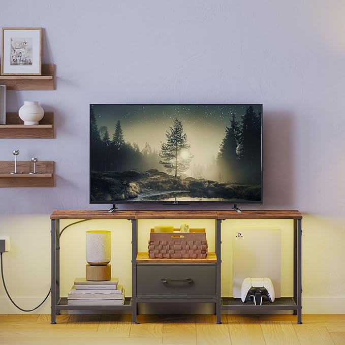 JARHETUN LED TV Stand with Fabric Drawer, Entertainment Center for 50 55 Inch TV, Industrial TV Console Table with Open Storage Shelves for Living Room, Bedroom, Rustic Brown