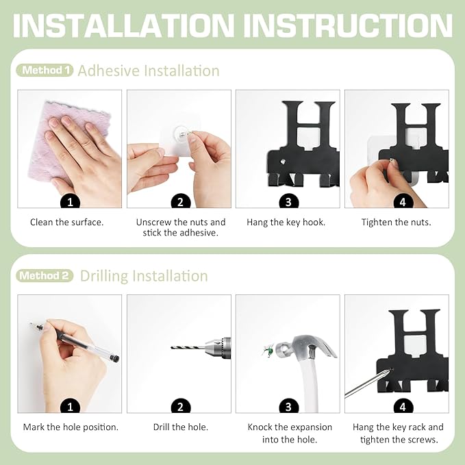 Key Holder Wall Mount, Adhesive Metal Key Hanger with 6 Double Hooks, 2 Installation Methods, Black