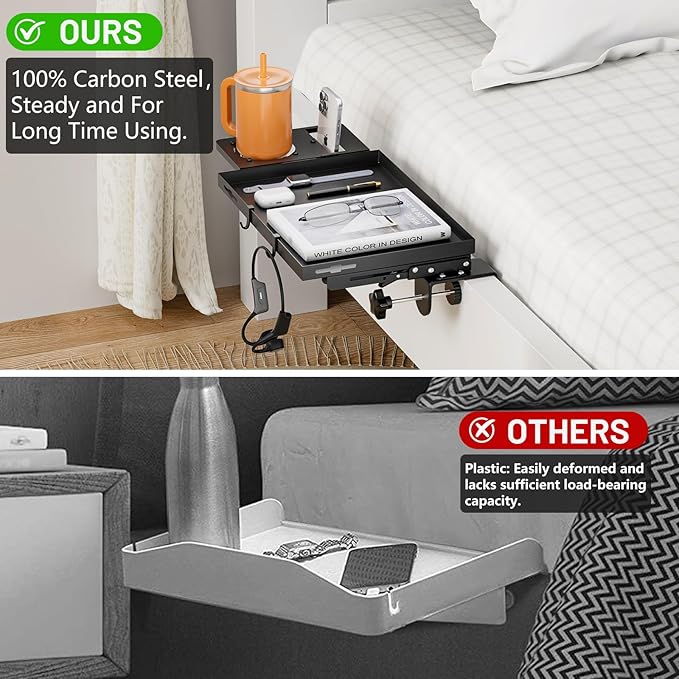 Bedside Shelf Foldable, Metal Clip-On Table Shelf for Dorm Room Bunk Bed & Top Bunk, College Dorm Room Essentials, Bedside Caddy, Floating Desk Tray, Bed Side Table Storage, Loft Nightstand Decor