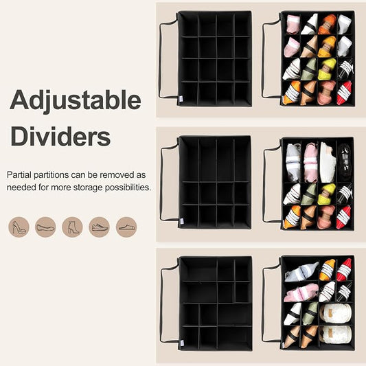 TOPIA HOME Shoe Organizer for Closet, Foldable Shoe Box with Adjustable Dividers and Clear Cover, Space Saving Shoe Storage Organizer Cabinet with Reinforced Handles, Fits 16 Pairs, Black, TP09B