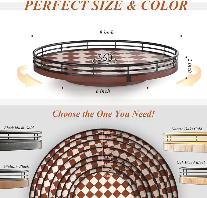 Brown Checkered Lazy Susan Organizer, 9 Inch Rotating Spice Rack with Black Metal Rail, Wood Turntable Tray for Kitchen Countertop, Cabinet, Condiments, Oil Bottles and Coffee Bar