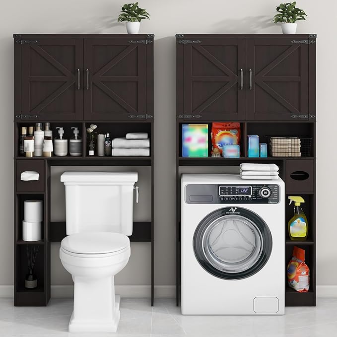 Vabches Over The Toilet Storage Cabinet, Farmhouse Storage Cabinet Over Toilet with 2 Barn Doors & Toilet Paper Holder Stand,Home Space-Saving Toilet Rack, for Laundry, Restroom, Bathroom.Walnut
