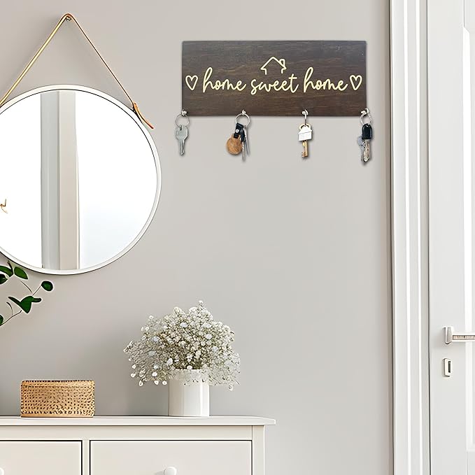 Sweet Home Wooden Key Holder for Wall - 5"x10" Key Organizer Hanger with 4 Hooks for Front Door Hallway Entryway Kitchen - Home Office Decor & Housewarming Gifts Supplies - A06