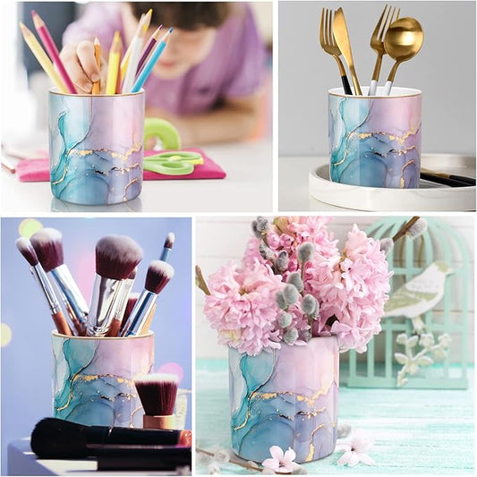 WAVEYU Large Capacity Colored Pen Holder for Desk, Ceramic Pencil Holder Makeup Brush Holders, Desk Accessories & Workspace Organizers for Home, Office, Colorful Green