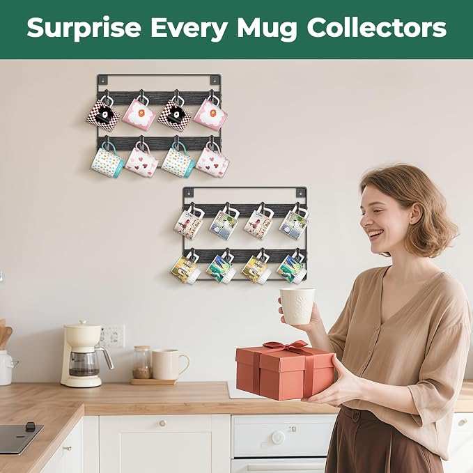 EsLuker.ly Mug Holder Hanger Rack Wall Mounted Wooden 2 Pack Coffee Cup Storage Organizer Display Shelf with 16 Movable Plastic Hooks, Ideal for Mug Collectors, Black