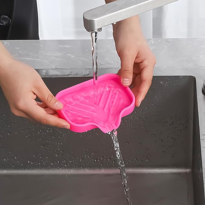 MicoYang Silicone Soap Dish with Drain Spout, Self-Draining Sink Organizer Tray for Bathroom and Kitchen, Sponges, Dispensers and Soap Holder, Non-Slip and Dishwasher Safe, Rose (Compact, 4.9"×3.2")