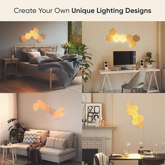 Nanoleaf Elements Wood Look Smart Wall Lights, Hexagon LED Wall Lights work with Alexa Google Assistant, Home Wall Decor for Living Room with Music Sync, Touch Control, Ambient White 1500-4000K, 13 PK