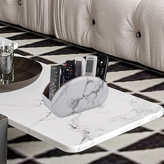 Leather Remote Control Holder with 5 Compartments TV Remote Caddy Store Box,Desktop Organizer for Controller, Glasses and Media Player,Pen Storage (White)