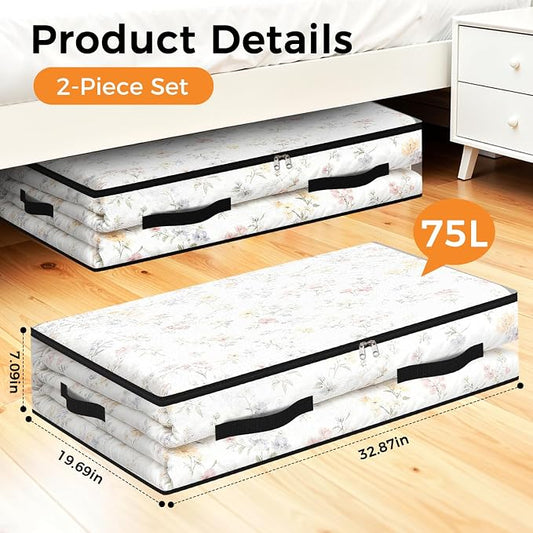 2 Pack Under Bed Storage Bags, 75L Foldable Clear Storage Containers with Handles, Dual Zippers for Comforter, Clothes, Bedding, Linen Sheets, Sweaters, Blanket Storage