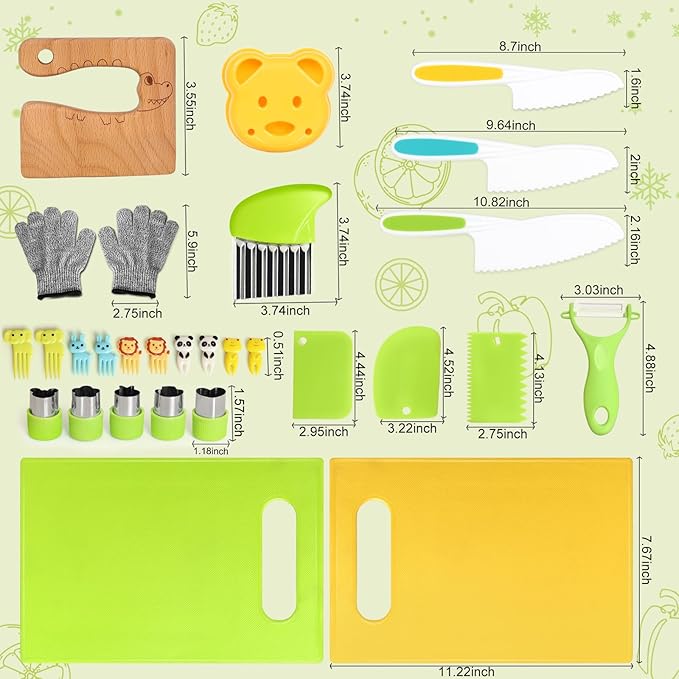 28PCS Toddler Knife Set - Kids Knifes for Real Cooking, Montessori Kids Kitchen Knife Set with Cutting Board Crinkle Cutters Kid Safe Knives, Toddlers Kitchen Tools for Age 2-10 Year Old Girl Boy