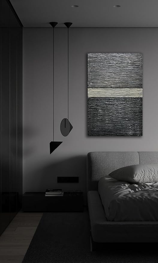 moshinart 30 x 45in Hand-Painted Oil Painting 3D Texture Black White Grey Modern Minimalist Black Abstract Wall Art, Home Office Wall Decoration Black White Grey