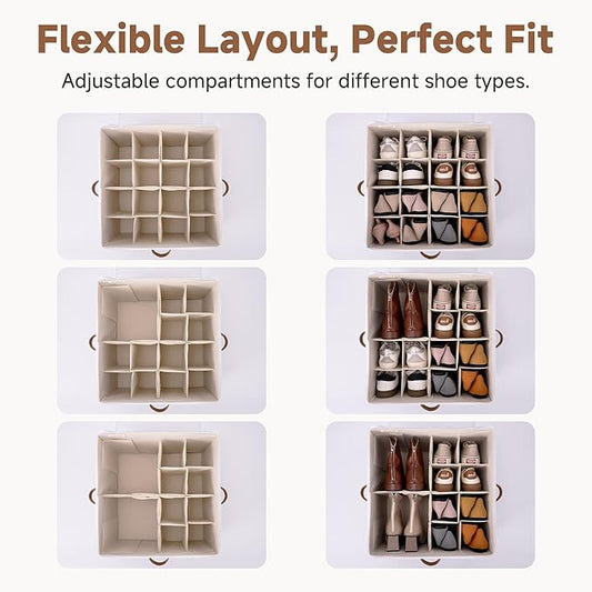 StorageWorks 2 Pack Shoe Organizer for Closet, Foldable Shoe Storage Box with Adjustable Dividers, Shoe Boxes Organizer for Entryway, Closet Shoes Organizer for Sandals, Sneakers, Fits 32 Pairs, Taupe