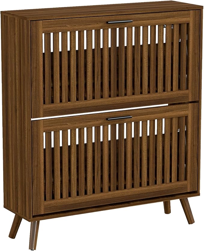 Vibe & Dine Shoe Cabinet with 2 Flip Drawers, Narrow Shoe Rack with Black Handles, Free Standing Shoe Storage Cabinet for Entryway Slim, Wood Shoe Organizer Cabinet for Hallway, Bedroom, Walnut