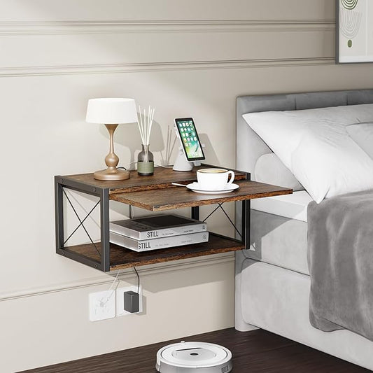 2-Tier Floating Nightstand, Wall Mounted Bedside Table, Wood Bedside Shelf Wall Mounted Nightstand, Floating Bedside Table Wall Shelf for Bedroom, Living Room, Kitchen, Office, Rustic Brown