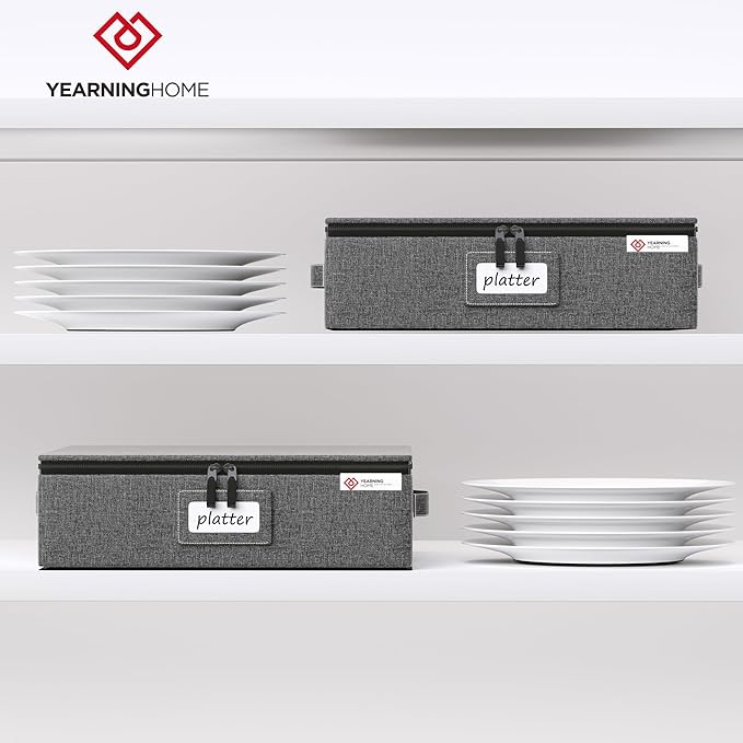 YearningHome Platter Storage Case,Hard Shell Fine China Storage Containers with Sturdy Handle and Zipper,Large Capacity with Felt Dividers for Plate,Moving and Seasonal Storage,2 Pack,Grey