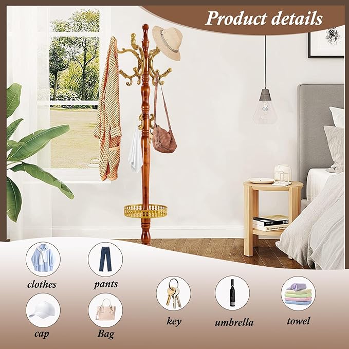 Wooden Coat Rack Freestanding, Vintage Coat Racks with Sturdy Round Base, Adjustable Height 37.40"-72.83" Entrance Coat Rack for Bedroom Living Room Entryway (Begonia Upgraded version)